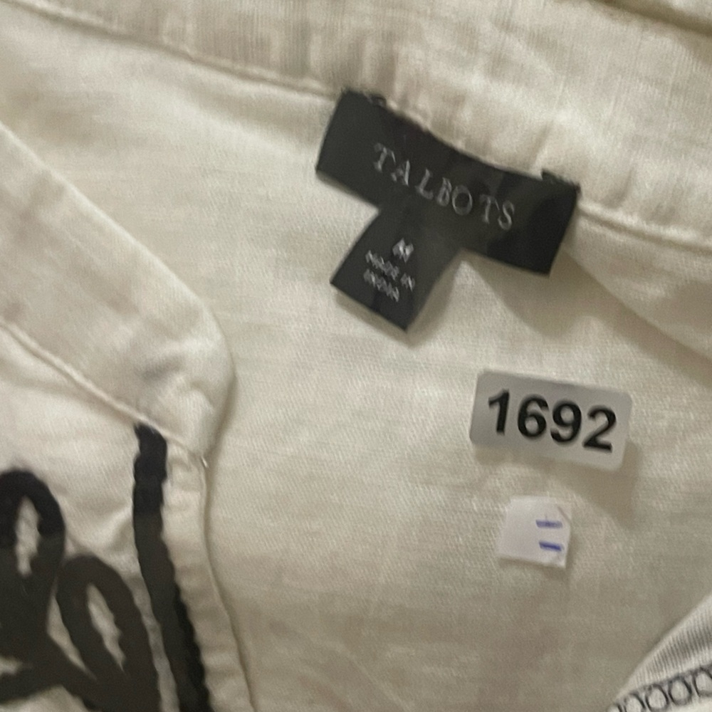 Talbots Embroidered Linen Cotton Tunic Top Size M White Black 3/4 Sleeve Popover - Picture 11 of 11